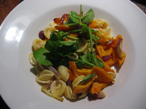 Orecchiette with roasted pumpkin and red onion