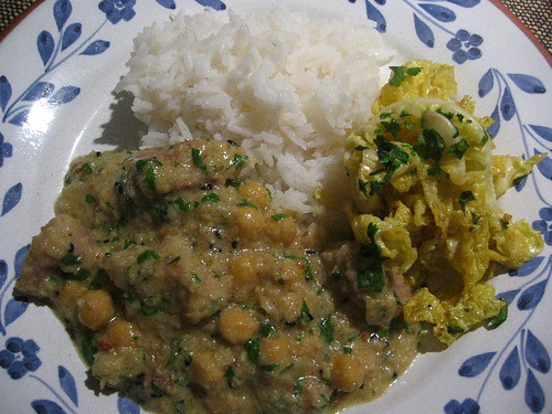 Lamb and chickpea curry with rice and cabbage