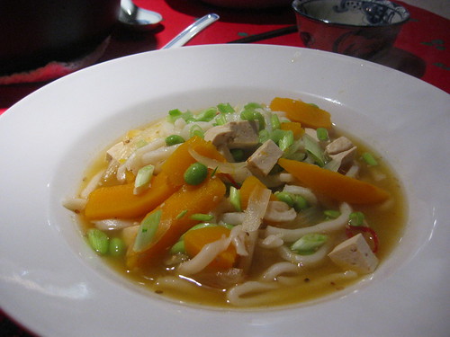 Udon noodle soup with pumpkin and soybeans